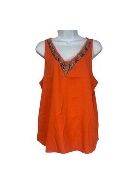 American Eagle Outfitters Womens Orange V-Neck Beaded Sleeveless Top Small